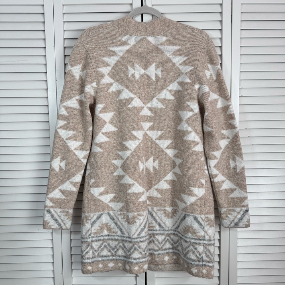 FRYE The Cozy Open Front Cardigan Tan White Western Aztec Nordic Long Medium - Picture 8 of 10